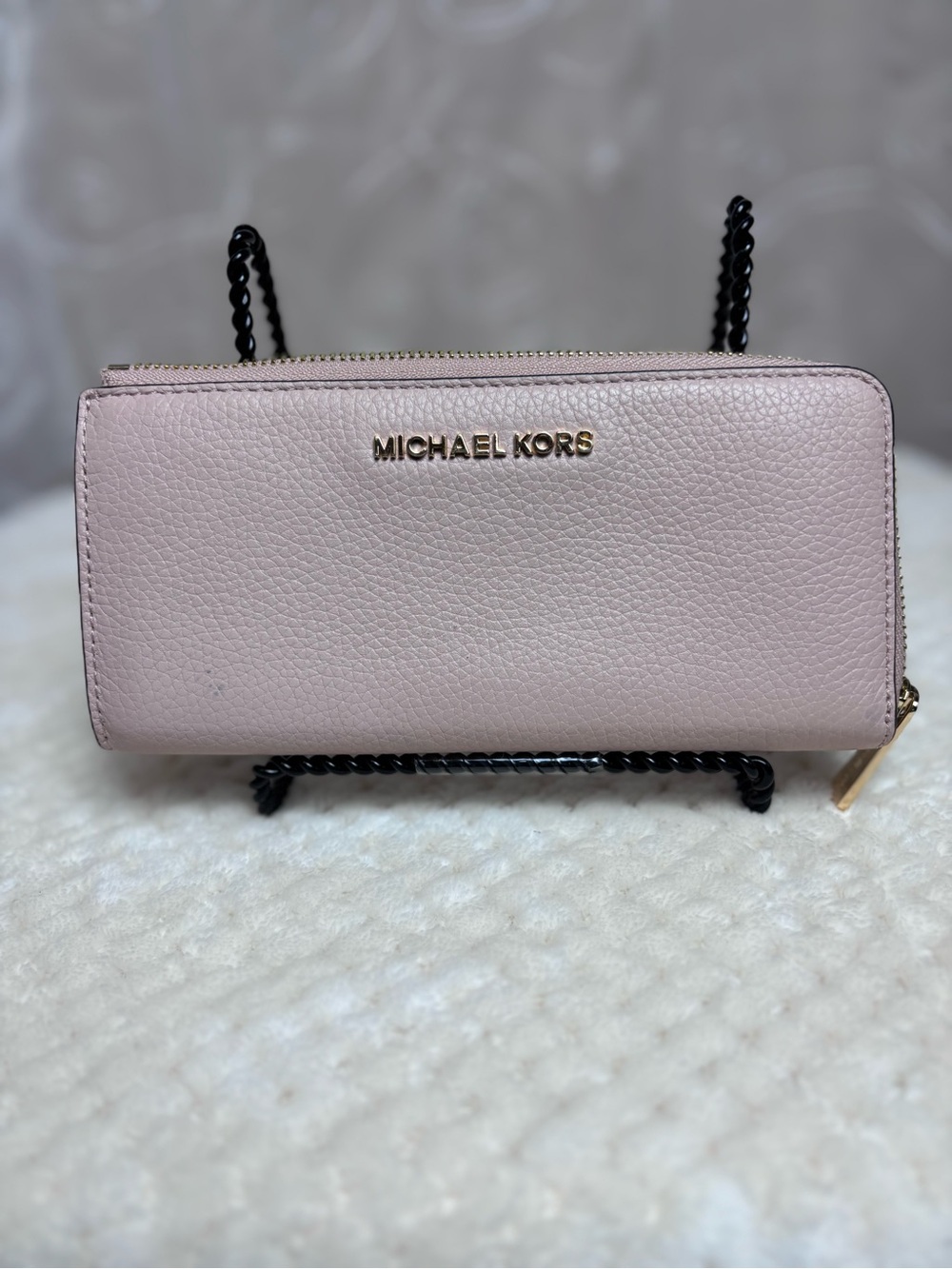 Michael Kors Pale Pink Pebbled Leather Zip-Around Wallet with Gold Logo